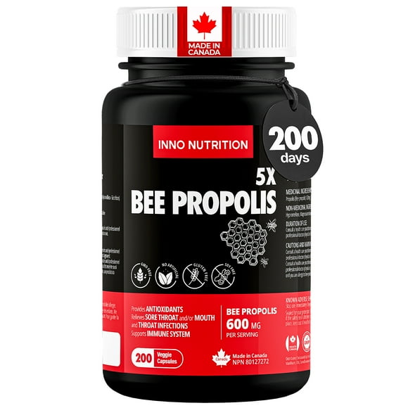 Inno Nutrition Bee Propolis 5X Extract - 600 mg | 200 Vegan Capsules | Immune Support, Antioxidants & Throat Relief | Made in Canada