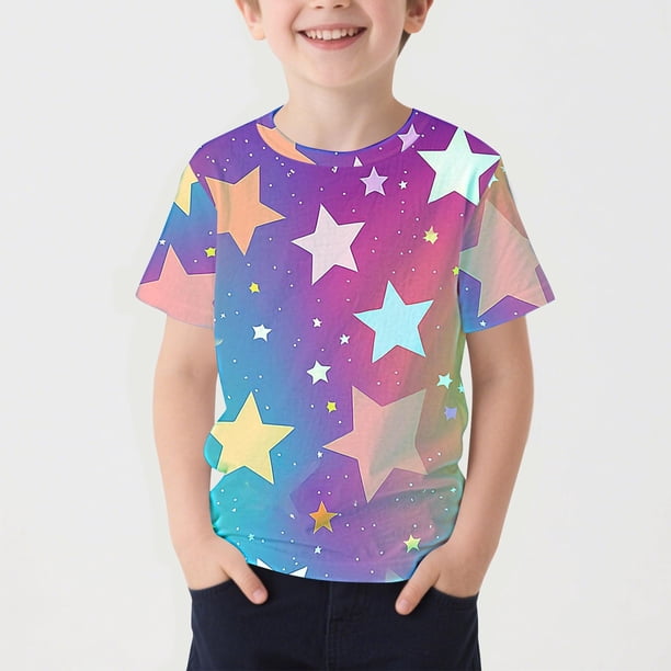 Blusas y camisas de manga corta con cuello redondo Camiseta estampada de manga corta con estampado de estrellas para niños Cuello redondo Manga corta Casual Versátil Para niñas Top de poliéster
