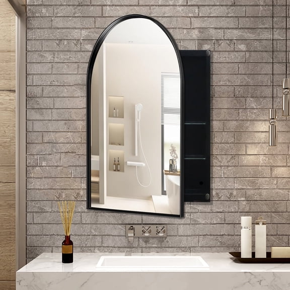 24x36 inch Arched Recessed Medicine Cabinet, Metal Framed Bathroom Wall Cabinet with Mirror, Matte Black