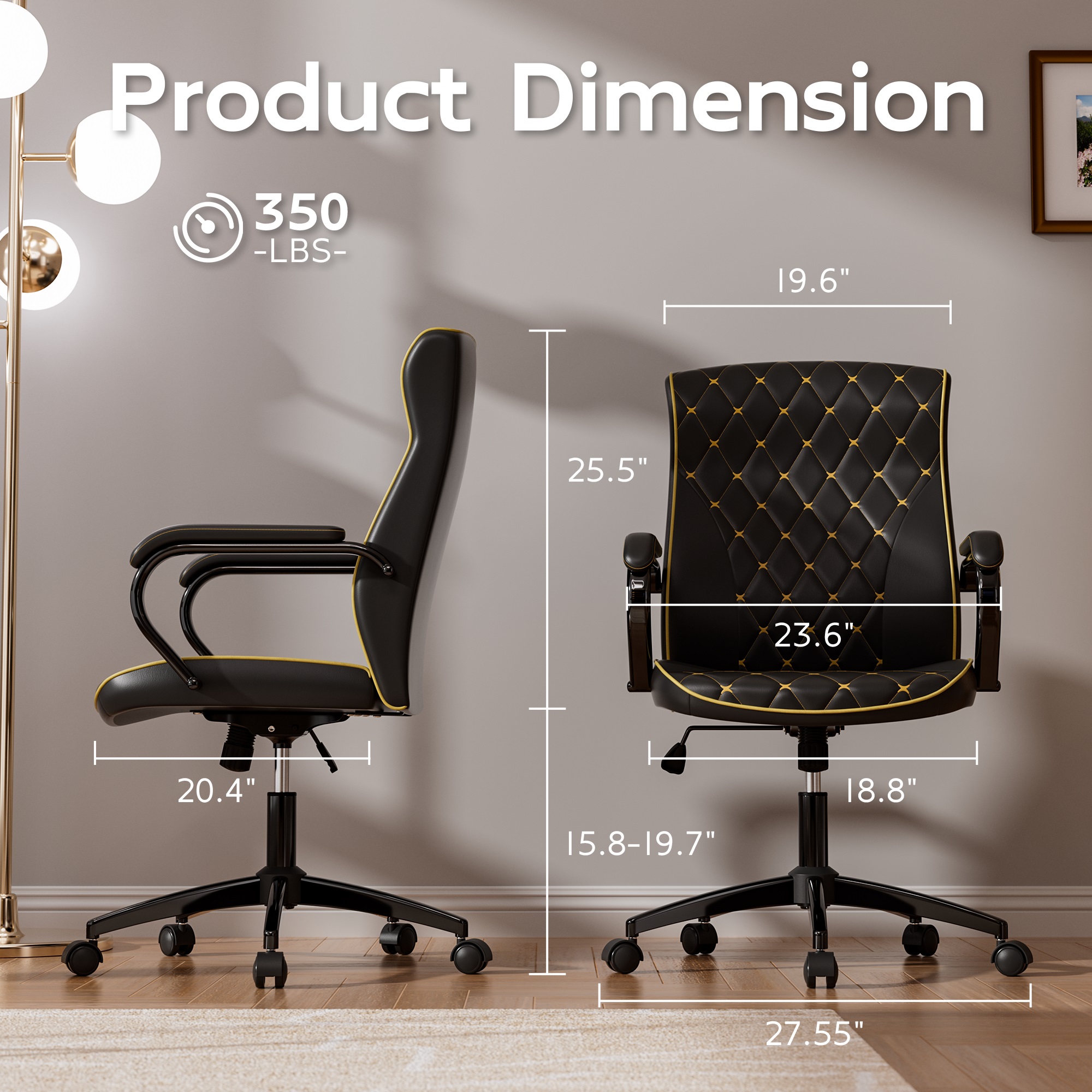 Ninecer Black Office Chair with Soft Leather Embroidery, Mid Back Vintage Swivel Executive Desk Chair with Wheels and Padded Arms, Adjustable Height