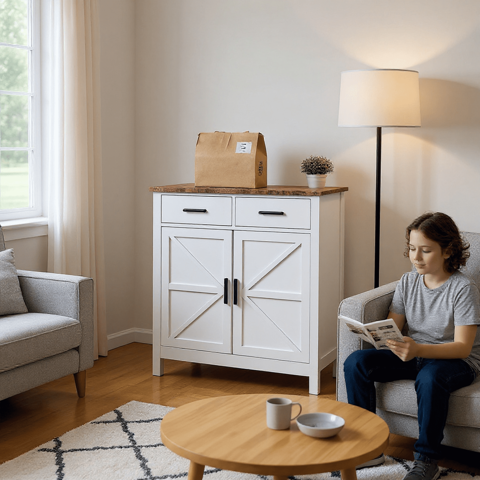 Homy Casa Farmhouse Storage Cabinet with 2 Drawers and Double Doors, Buffet Sideboard for Kitchen, White