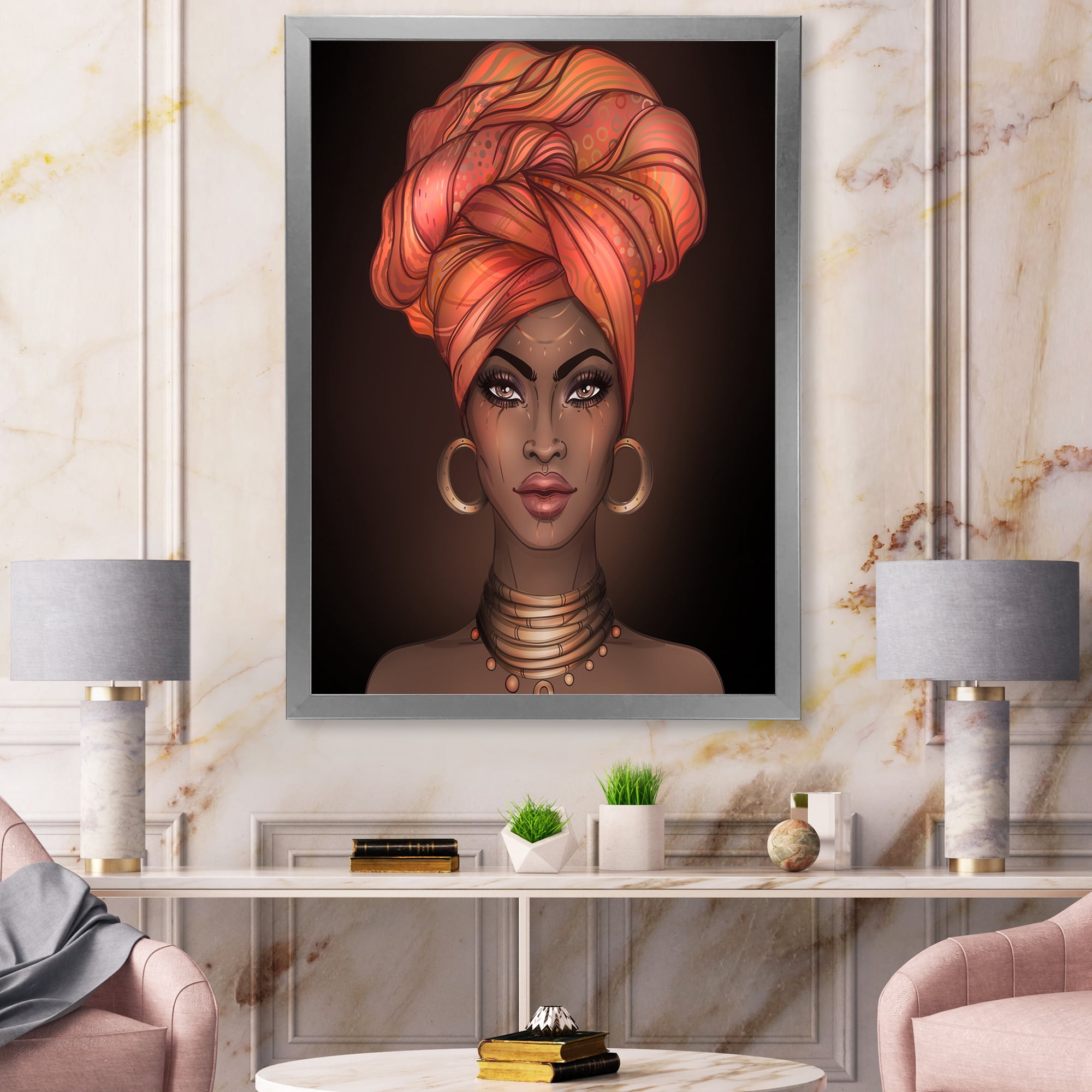 Designart 'African American Woman Portrait with Turban V' Modern Framed Art Print