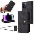 thumbnail image 1 of for iPhone 14 Pro Wallet Case, [Card Slots] PU Leather ID Credit Holder Folio Flip Kickstand Magnetic Clasp Phone Cover & Lanyard & Shoulder Strap for iPhone 14 Pro, Black, 1 of 9