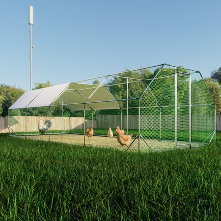 Witaxima 9.94 ft. x 25.68 ft. Galvanized Large Metal Walk in Chicken Coop Cage, Silver Poultry Run Hutch Hen House with Waterproof Cover