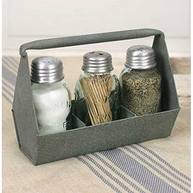 Primitive Industrial Galvanized Toolbox MASON Jar Salt & Pepper & Tooth pick Caddy