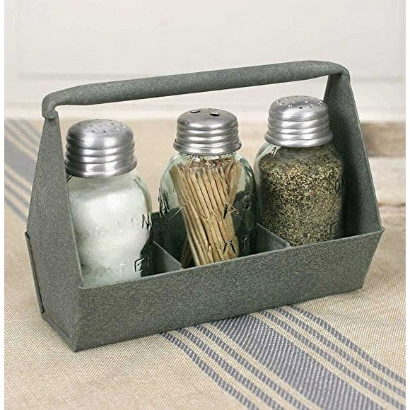 Primitive Industrial Galvanized Toolbox MASON Jar Salt & Pepper & Tooth pick Caddy