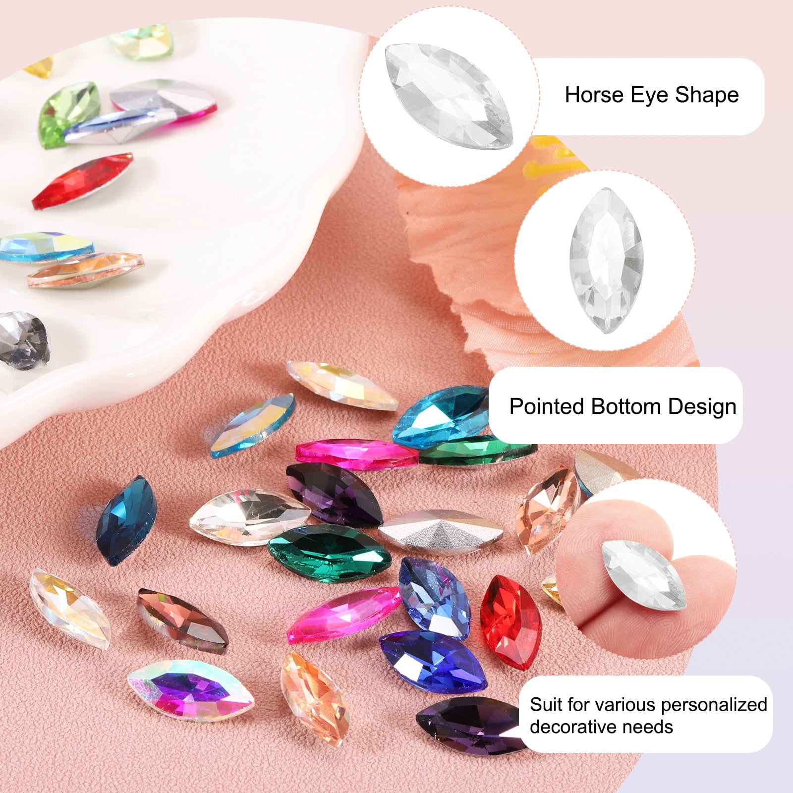 Uxcell 100Pcs Horse Eye Shape Rhinestones Glass Point Back Beads for Jewelry Making, White 6x12mm