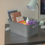 (6 pack) Mainstays Medium Bin, Open Plastic Storage Containers, Versatile Stylish Organizers with Handles, Gray Flannel