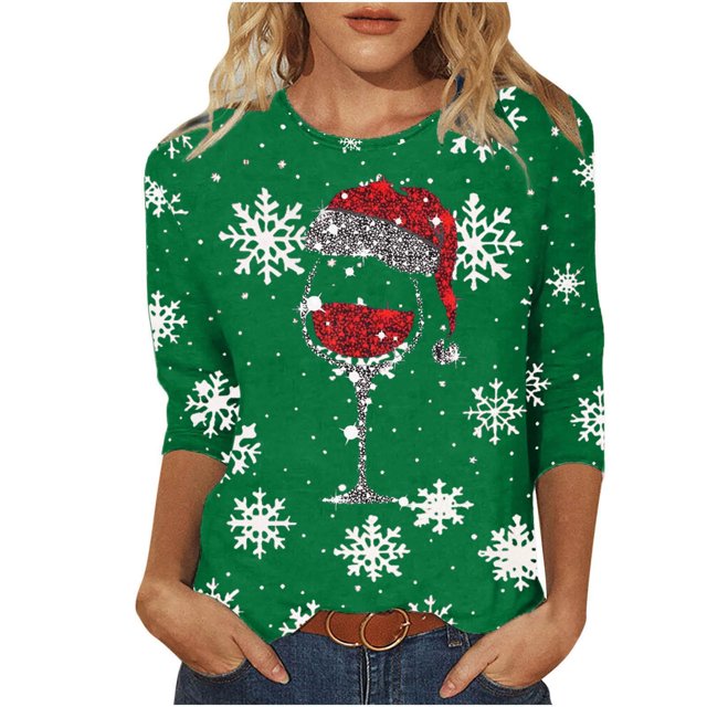 Puntoco Camiseta con cuello redondo y manga 3/4 con estampado navideño para mujer, camiseta de cuello redondo, camiseta de manga larga con cuello redondo