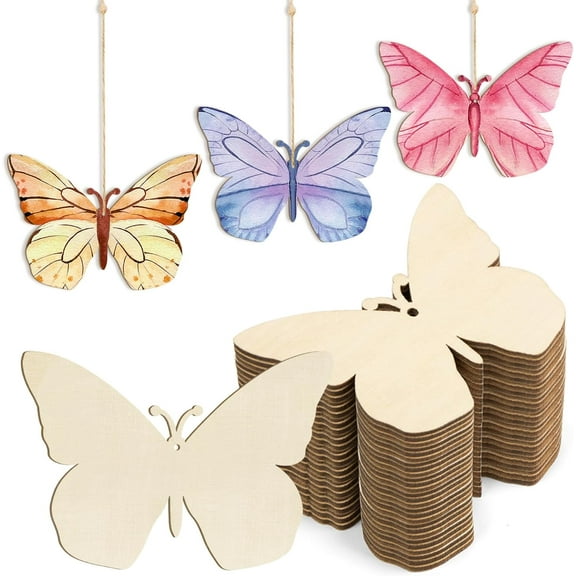 Wooden Butterfly Ornaments to Paint Spring Decoration Cutouts Unfinished 24PCS 3.5 x 3 inches, DIY Blank Unfinished Wood Discs Ornament for Home Crafts Hanging Easter St. Patrick Day Decoration