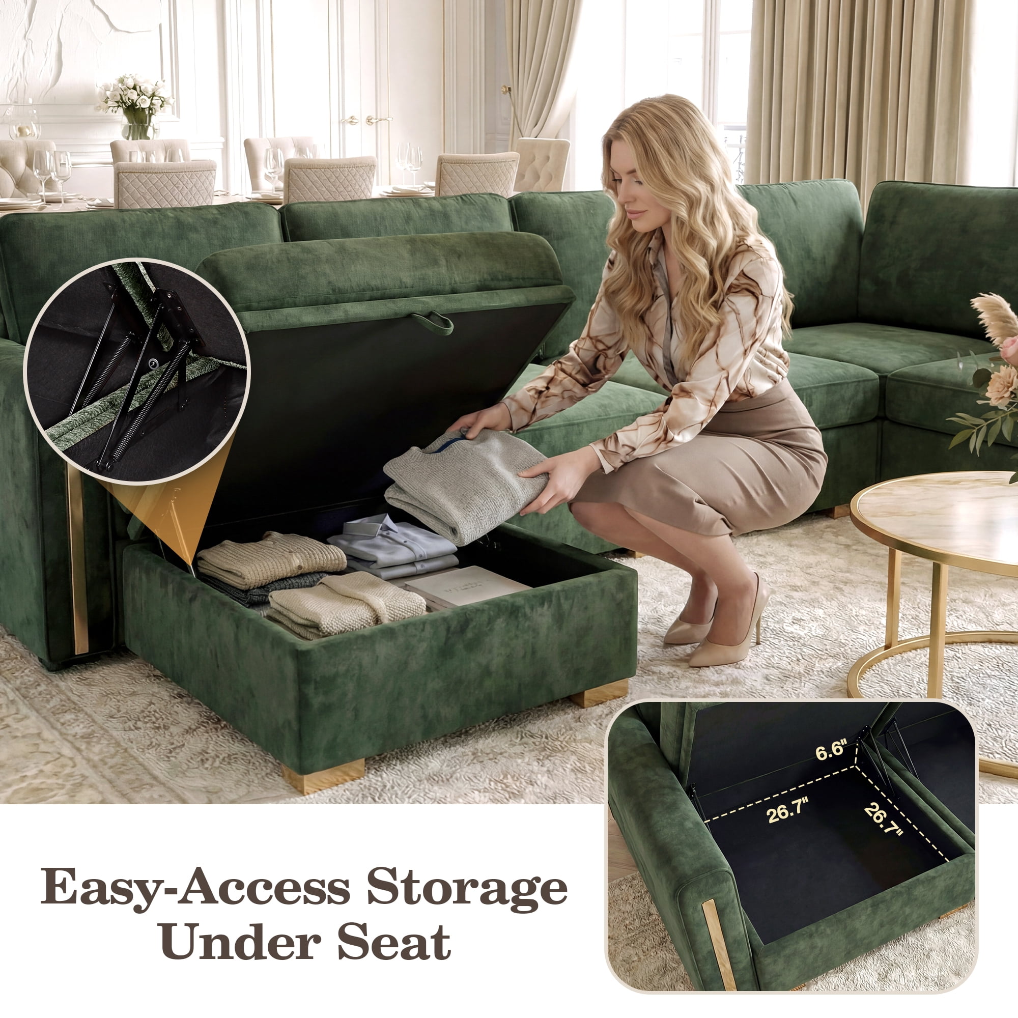 Advwin 126" U-Shaped Oversized Modular Sectional Sofa with Ottoman, Storage Under Each Seat & Gold Metal Accents, 7-Seater Modern Luxury Chenille Convertible Cloud Couch for Living Room, Dark Green