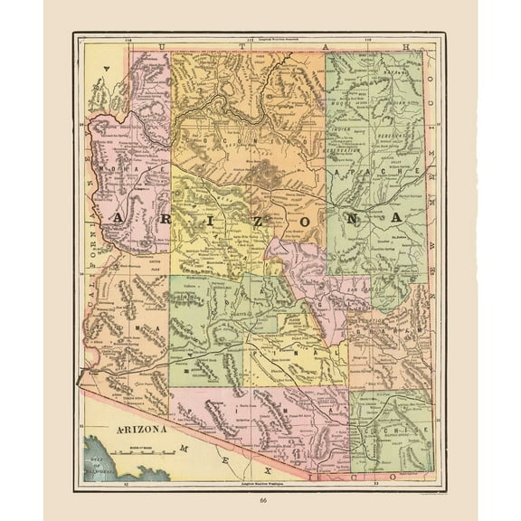 Historic State Map - Arizona - Cram 1892 - 23 x 27.57 - Vintage Wall Art