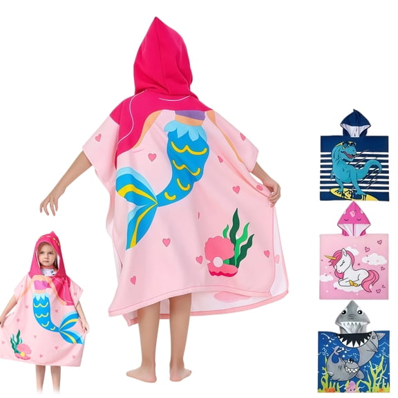 Kids Hooded Beach Towel Mermaid Printed Quick Dry Microfiber Poncho Wrap for Toddlers Ages 3-10 Pool Beach Bath Towel for Girls