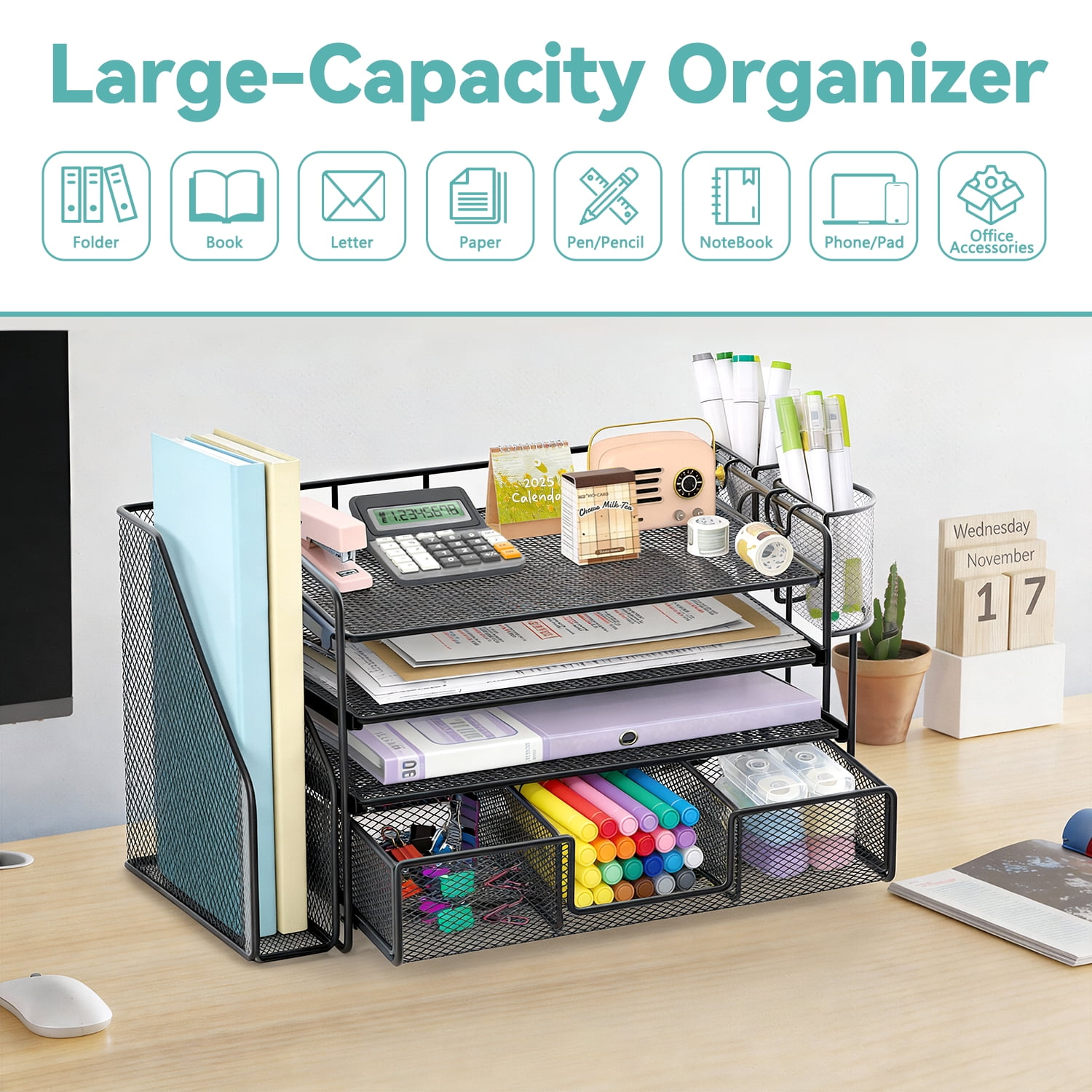 Desk Organizer and Accessories, 4-Tier Desktop File Organizer with Drawer and 2 Pen Holders, Office Desk Accessories & Workspace Organizers (Black)