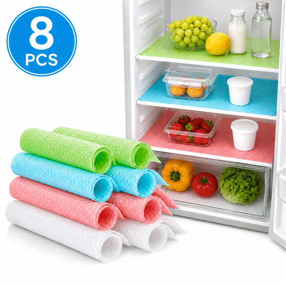 Refrigerator Liners 8-Pack 30×45cm, Non-Slip Waterproof Fridge Mats, Drawer Cabinet Shelf Liners, Easy Clean No Curling Multi-Color