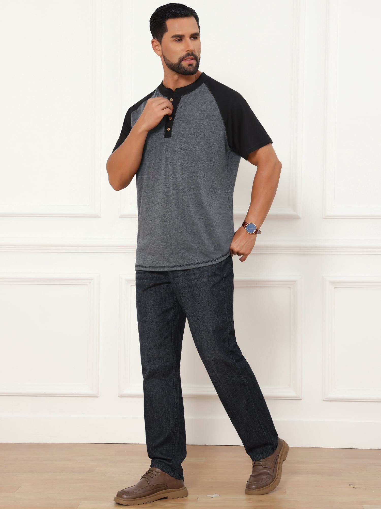 DARING DIVA Men's Raglan Henley Retro Short Sleeve Button Down T-Shirt S Dark Gray