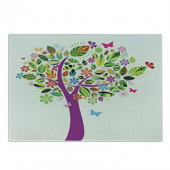 Tree of Life Cutting Board, Ornate Vibrant Floral Tree Flying Butterflies Fresh Colors Nature Image Home, Decorative Tempered Glass Cutting and Serving Board, Small Size, Multicolor, by Ambesonne