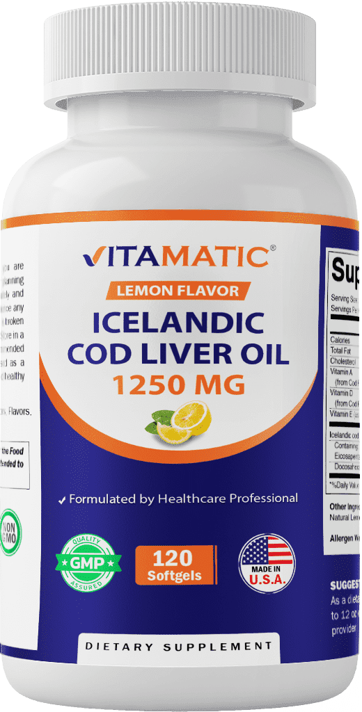 (2 pack) Vitamatic Icelandic Cod Liver Oil 1250mg 120 Softgels (Lemon Flavor) - Promotes Cardiovascular Health