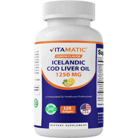 Vitamatic Icelandic Cod Liver Oil 1250mg 120 Softgels (Lemon Flavor) - Promotes Cardiovascular Health