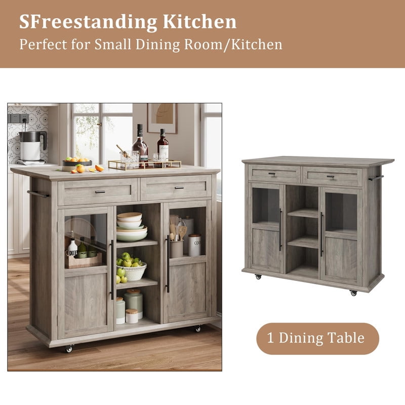 TROPOW Kitchen Island Cart on Wheels with Foldable Table, 2-Tier Rolling Kitchen Cart with Storage Shelf & Towel Rack, Mobile Workstation for Small Spaces