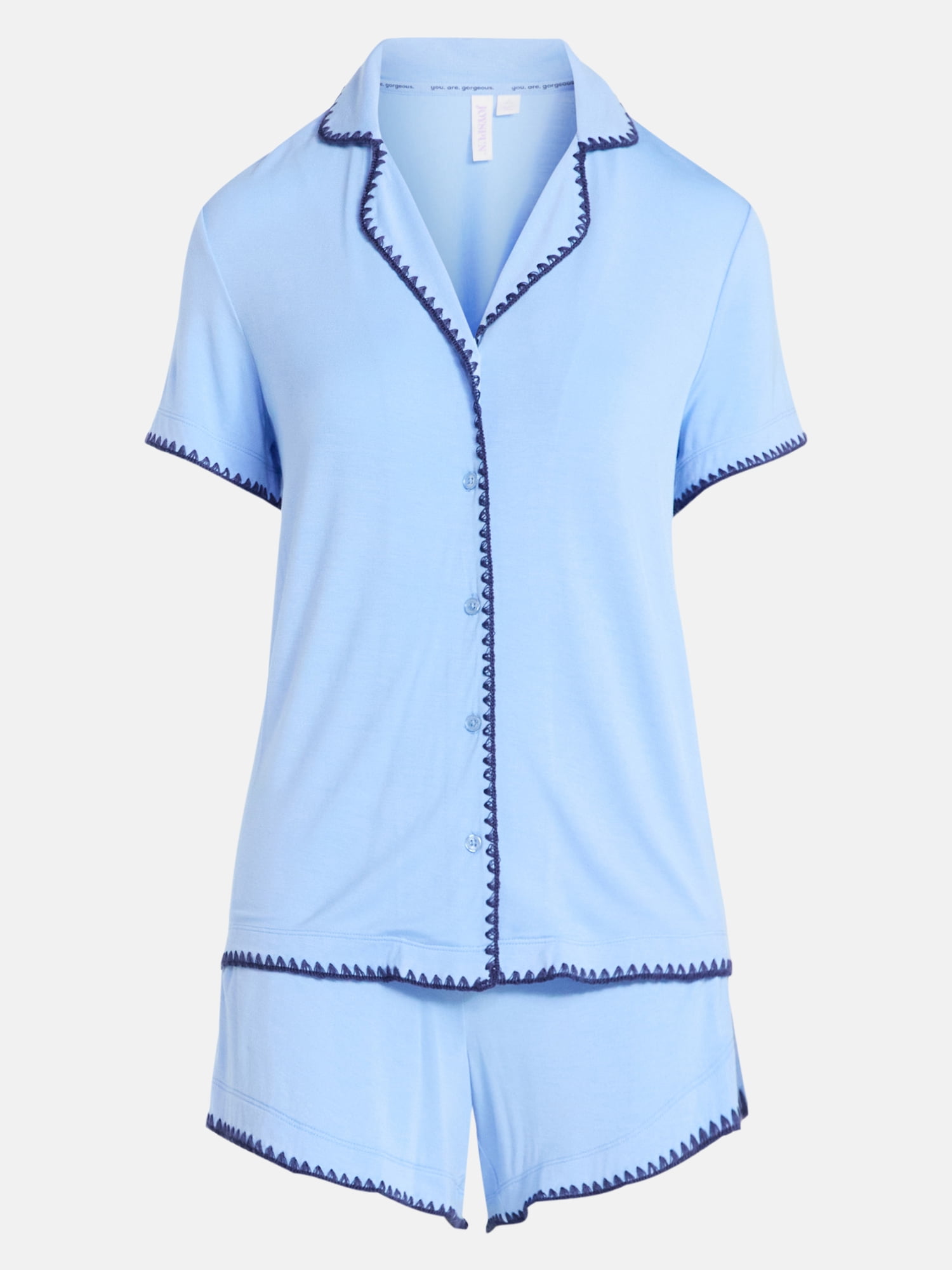 Joyspun Women’s Notch Top and Boxer Shorts Pajama Set with Blanket Stitching, 2-Piece, Sizes XS-3X
