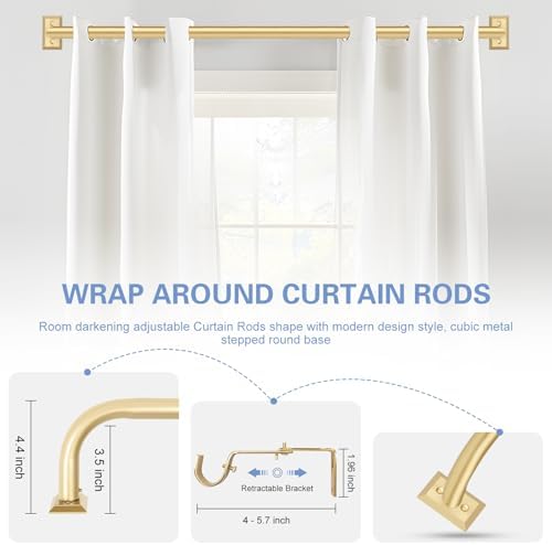 Gold Wrap Around Curtain Rods 72 to 144":Blackout Heavy Duty Adjustable Long Window Curtain Rod Room Darkening,Modern Industrial Curved French Return Metal Drapery Rods Easy Install,Brass Gold