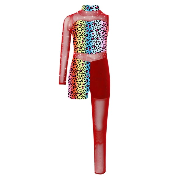 Mufeng Kids Girls Full Body Unitard Long Sleeve Catsuit Gymnastics Leotard Shiny Printed Leopard 6