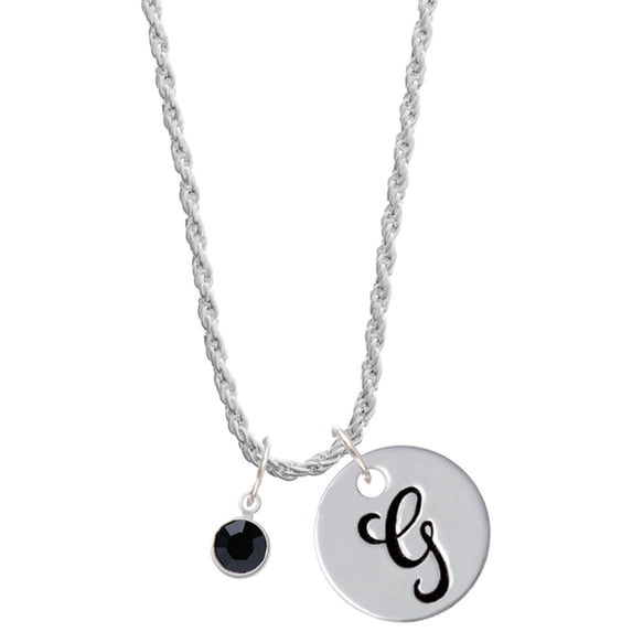 Delight Jewelry Crystal Black Channel Drop Silvertone Script Initial Disc - G - Charm Necklace, 20"+3"