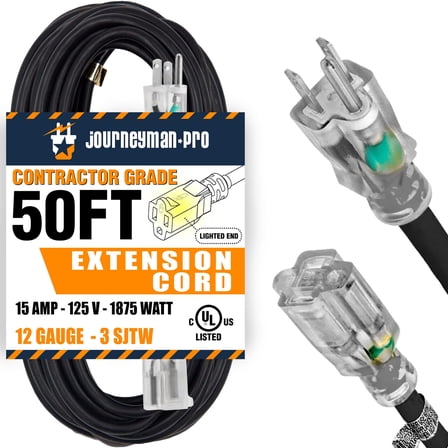 50'FT BLACK Contractor Grade Outdoor Extension Cord 50' Feet Power Light Up End