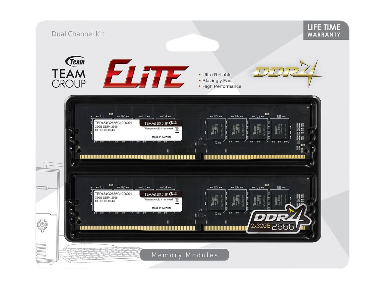 Team Elite 64GB (2 x 32GB) 288-Pin PC RAM DDR4 2666 (PC4 21300