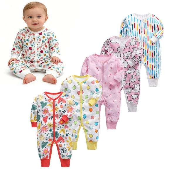 Emy Dola 0-24M Baby Girls Long Sleeve Jumpsuit Snap Up Infant One-Piece Bodysuit Newborn Spring Fall Clothes-Flamingo