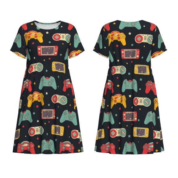 Horeoi Retro Video Game Print Women's Short Sleeve Dress Breathable Polyester-Spandex All-Over Print A-Line Side Pockets Elastic Waist