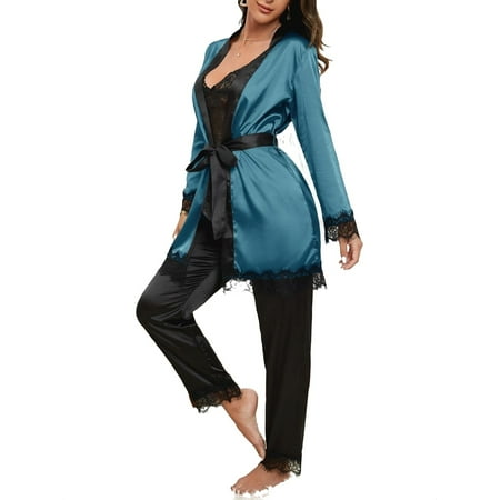 

3pcs Set Sexy Cami Top Robe Sets Sleeveless Teal Blue Women s Pajama Sets (Women s)