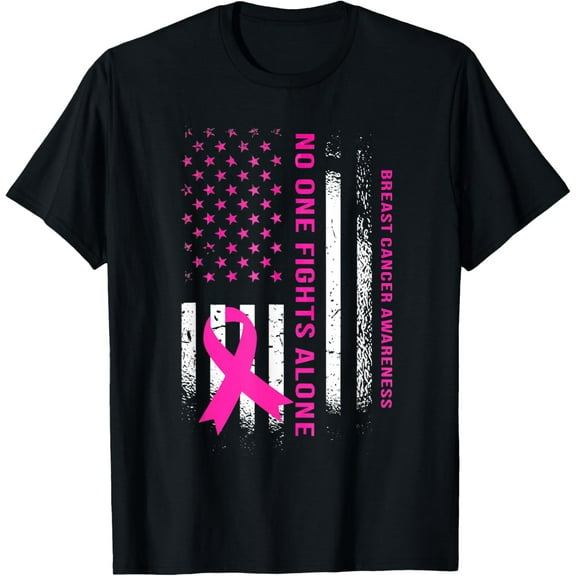 No One Fights Breast Cancer Alone USA Flag Pink Ribbon T-Shirt