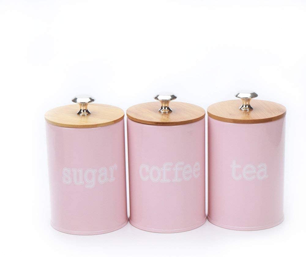 X022S Pink Set of 3 Metal Food Storage Tin Canister/Jar with Bamboo Lid