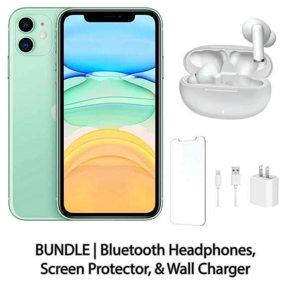 Restored Apple iPhone 11 128GB Green Fully Unlocked Bundle: Bluetooth Headphones, Screen Protector, & Wall Charger (Refurbished)