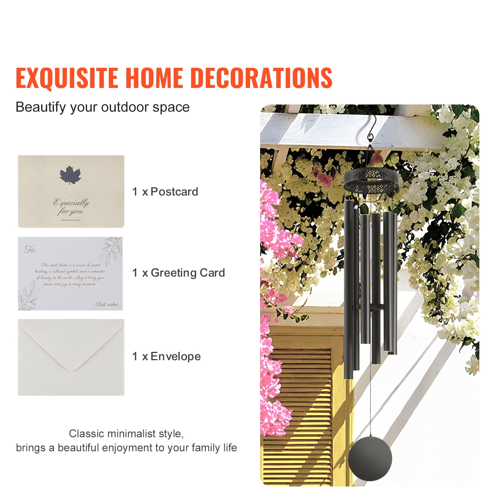 KFFKFF 58-inch Outdoor Wind Chimes with 6 Tubes, Resonant Deep Tone Memorial Chimes for Special Occasions, Elegant Decoration for Patio, Porch, Garden, and Backyard, Black