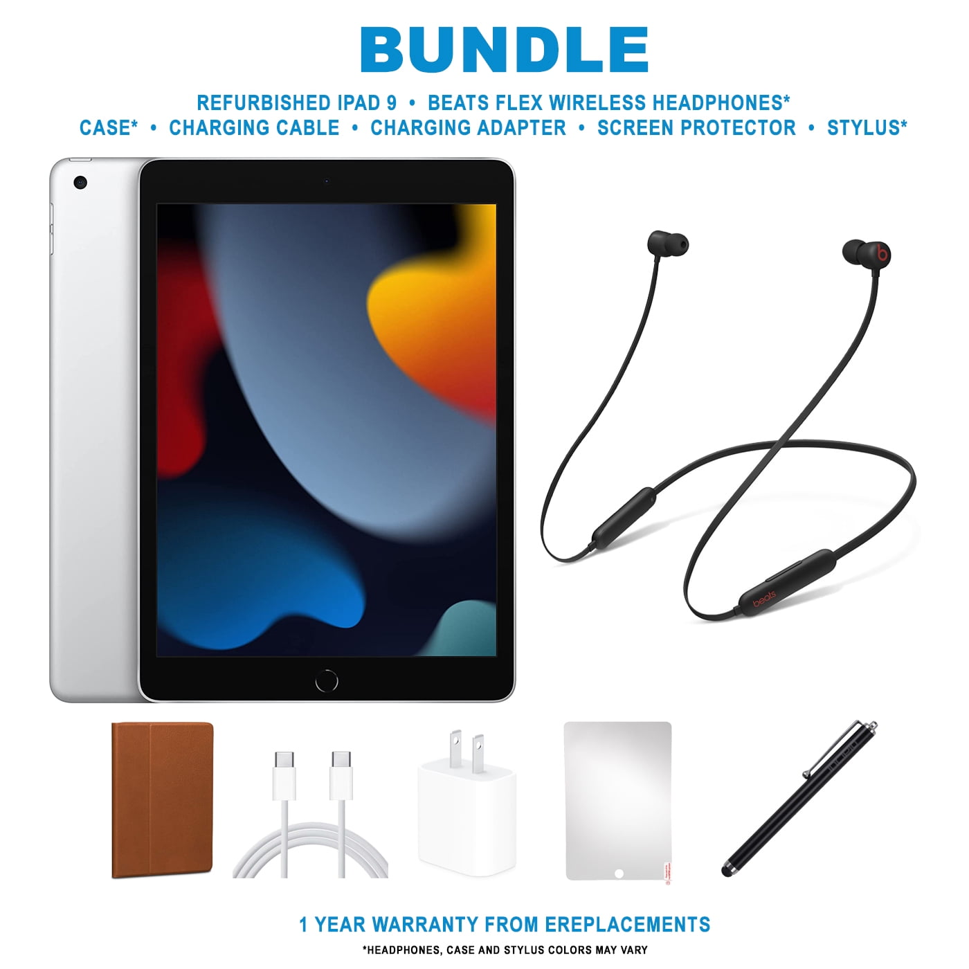 Restored Apple iPad 9 (2021) Bundle, 64GB, Silver, Wi-Fi, Beats Flex, Case, Tempered Glass, Stylus Pen, Charging Accessories