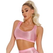Women’s Glossy Tank Tops Solid Metallic Oil Glossy Crop Top Vest Shiny Compression Racerback Bra Tops Fitness Sports Gym Bustier Tank Bras for Party Club