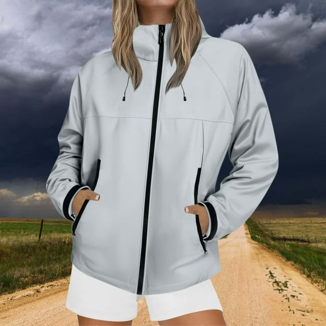 Hooded Rain Jacket Women, Lightweight Hiking Shell, Windproof Mountain Coat Light Gray 3Xl , Jacket