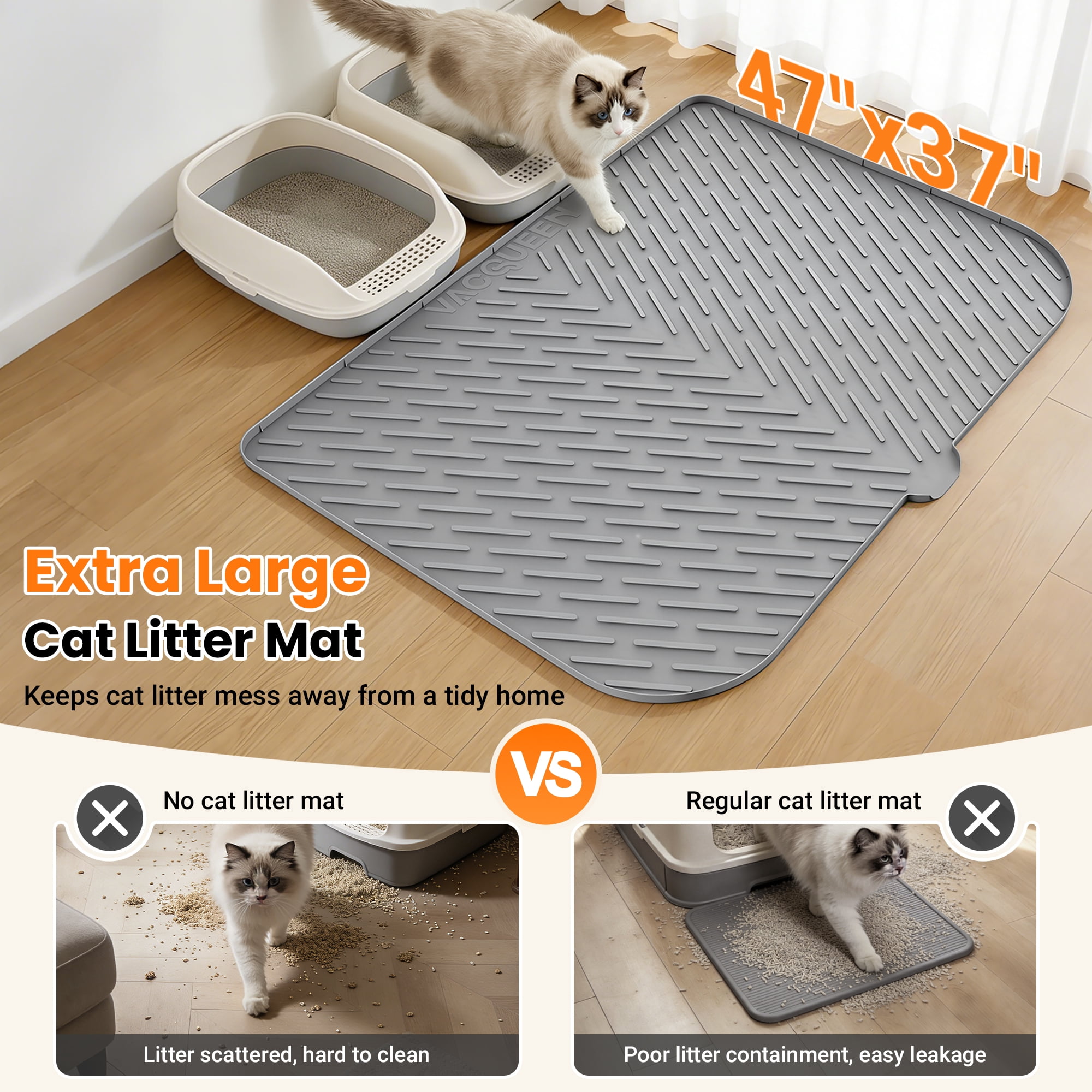 Vacqueen Silicone Waterproof/Urineproof & Non-Slip Rubber Cat Litter Mat with Lip, Large: 47.2 x 37.4 in