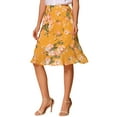 thumbnail image 1 of Faldas midi florales para mujer Inspire Chic, con volantes, cintura alta, fluida, en línea A, con abertura, longitud hasta la rodilla, XL, amarilla, 1 of 6