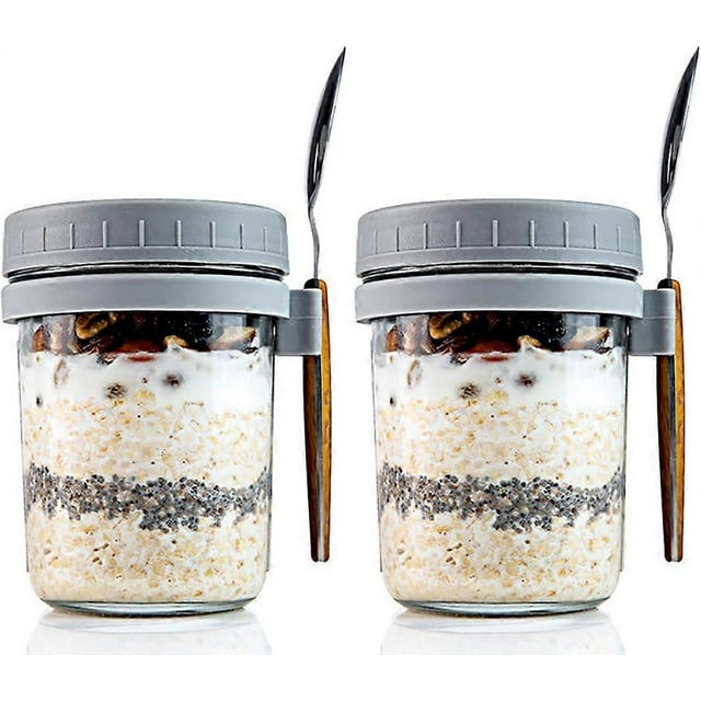 2 glass overnight oats jars with lids and spoons for milk, cereal, fruit storage Mason overnight oats jars (350ml)