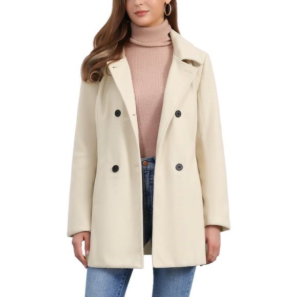 Women's Long Sleeves Peacoat Double Breasted Button Outerwear Winter Coat S Beige