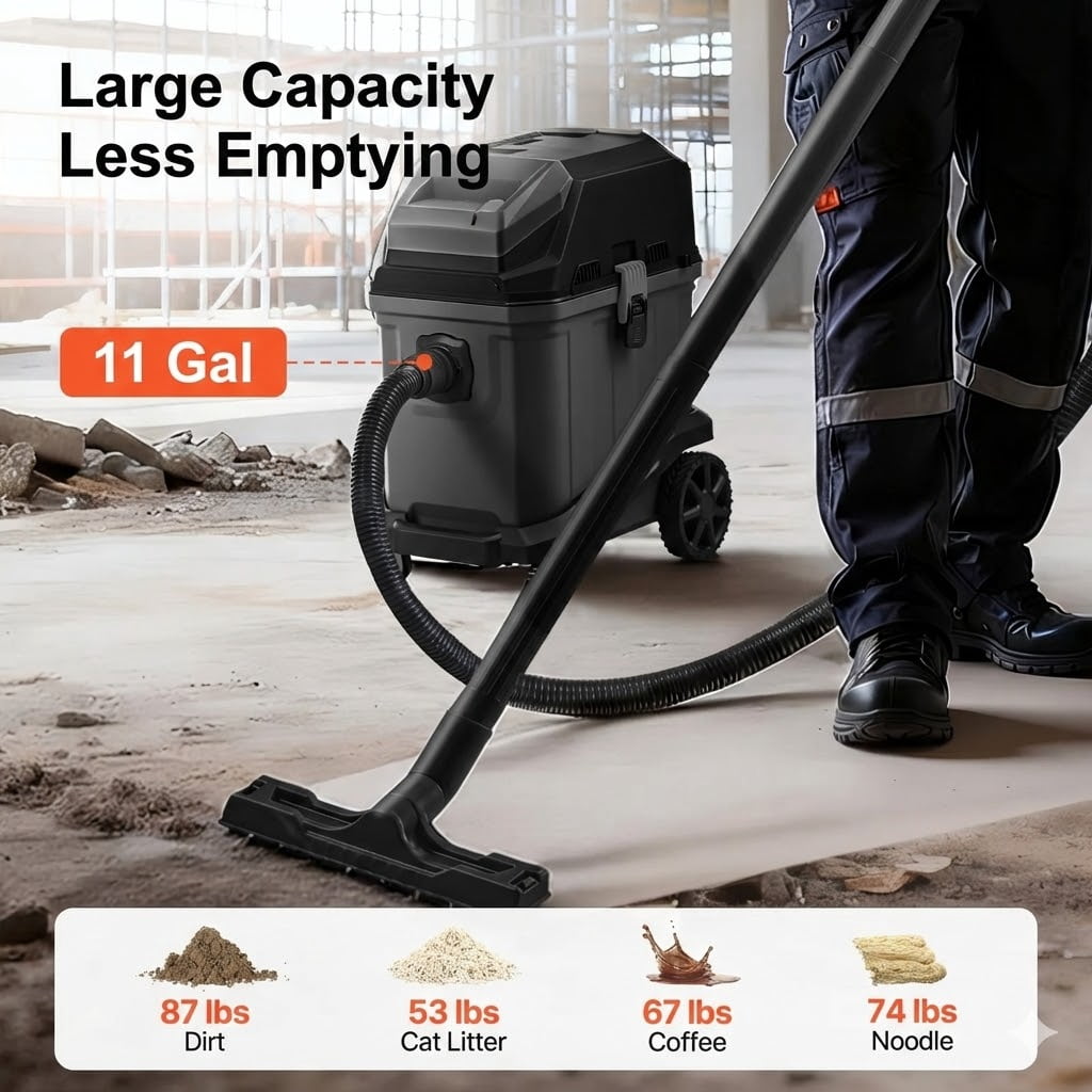 Commercial Shop Vac, 11 Gallon Wet Dry Shop Vacuum, 5.5 Peak HP Portable with One-Button Self-Cleaning, 1350W Input, 1.25in x 7ft Hose, 20ft Cord, Industrial-Grade for Jobsite, Workshop