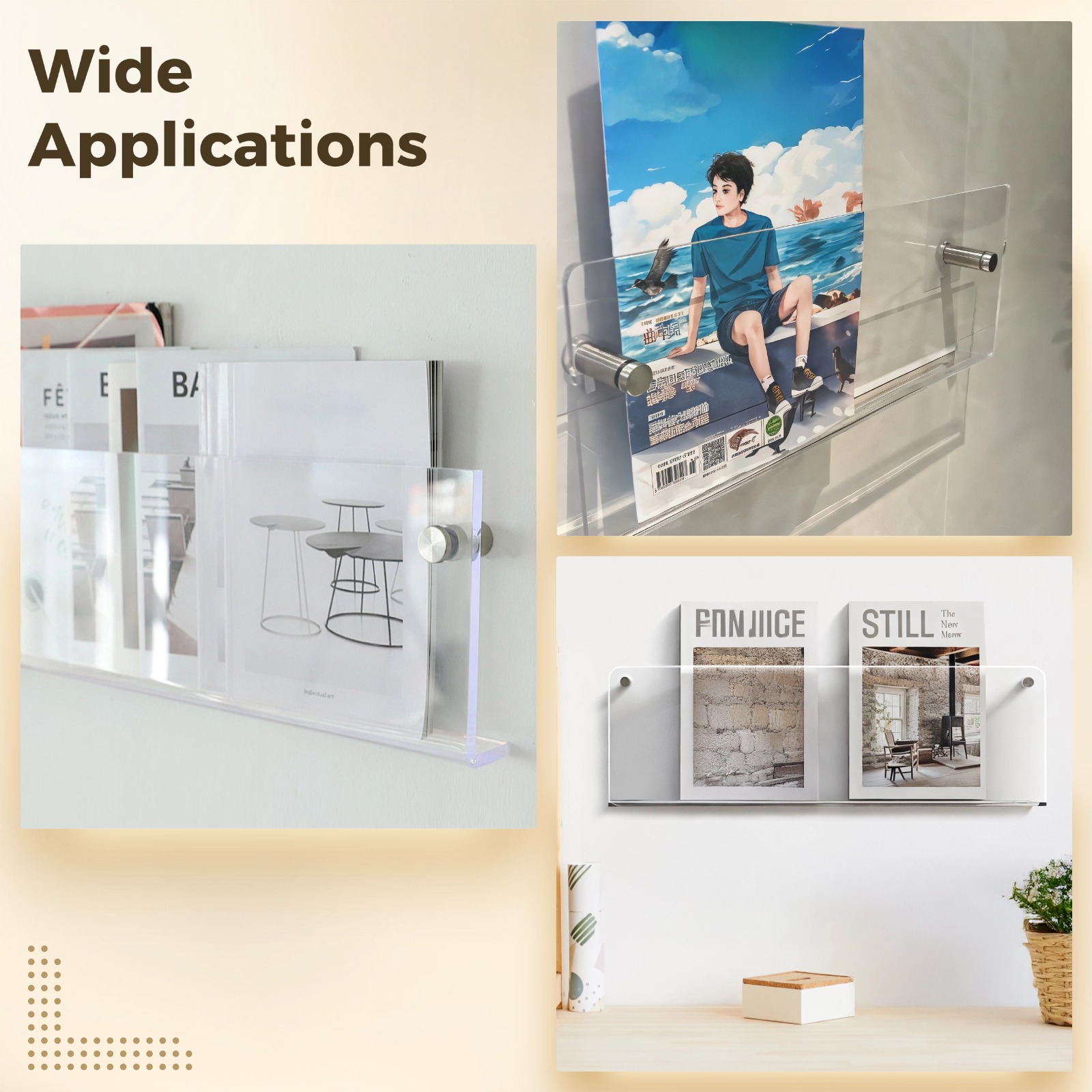 2 Pcs Clear Acrylic Wall-Mounted Shelves, No-Drill Transparent Display Racks, Floating Book Holders for Magazines and Records, Modern Easy Installation for Home and Office, 40 cm/15.75 in