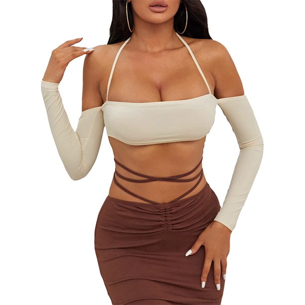 Camiseta corta sexy de manga larga para mujer, hombros descubiertos, espalda descubierta, color liso Albaricoque G Albaricoque G Xishao ropa