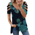 thumbnail image 1 of Women Printed Zip V Neck T-shirt Loose Cutout Sleeve Swing Tee Tops, 1 of 2
