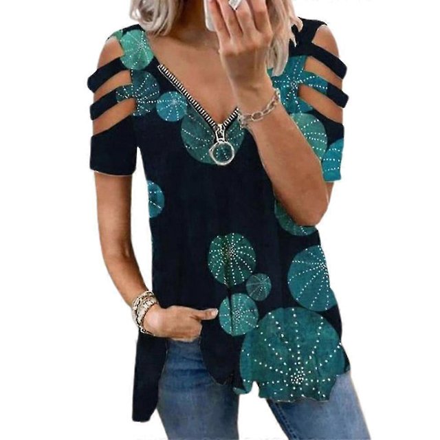 Women Printed Zip V Neck T-shirt Loose Cutout Sleeve Swing Tee Tops