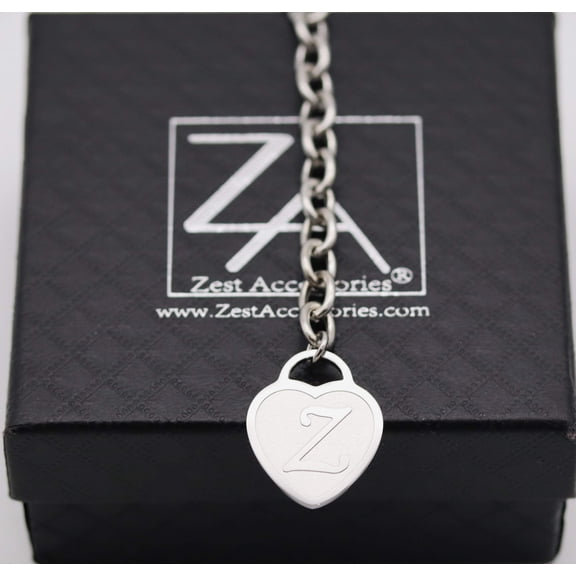 Stainless Steel Bracelet with Engraved Initials on Heart Charm (Silver)